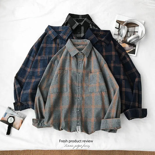 sanyamk New Men's Clothing Shirt Long Sleeve Square Collar Spring Autumn Loose Fashion Casual Plaid All-match Button Tops