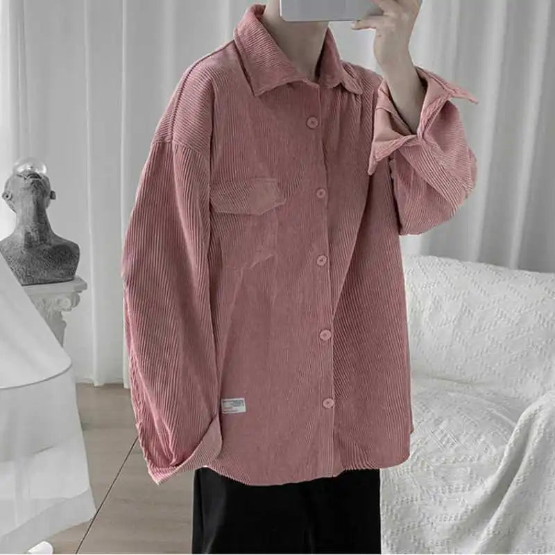 Bonsir Corduroy Men's Autumn Spring Korean Loose Japanese Long-sleeved Shirt Turn-down Collar Top Retro Baseball Tops