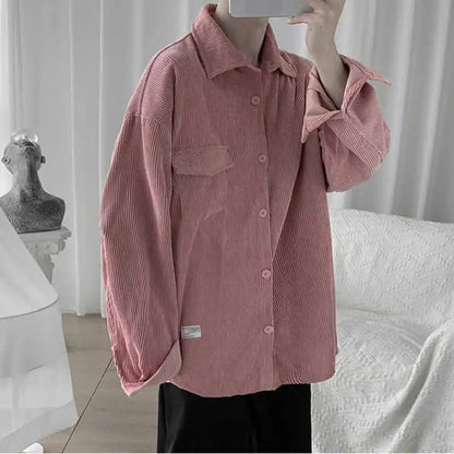 sanyamk Corduroy Men's Autumn Spring Korean Loose Japanese Long-sleeved Shirt Turn-down Collar Top Retro Baseball Tops