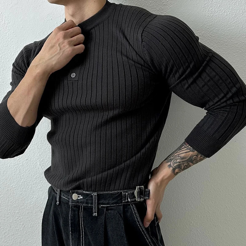 sanyamk  - Vintage Henley Collar Knitted T Shirt Mens Spring Fashion Pure Color Slim Long Sleeve T-shirts For Men Knitwear Casual Pullover