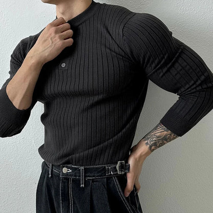 sanyamk  - Vintage Henley Collar Knitted T Shirt Mens Spring Fashion Pure Color Slim Long Sleeve T-shirts For Men Knitwear Casual Pullover