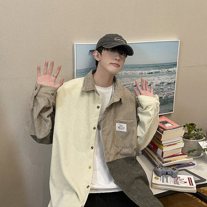 sanyamk Corduroy Shirt Men Vintage Splicing Top Oversized Long Sleeves Blouse Trend Fashion Streetwear Spring Autumn Y2K Male Clothes