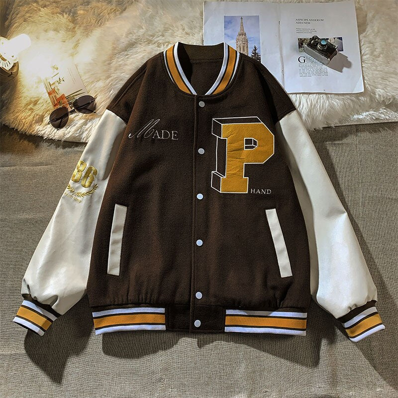 sanyamk Letter single-breasted jacket hip-hop retro fashion stitching embroidery loose casualbaseball uniform couple sale top