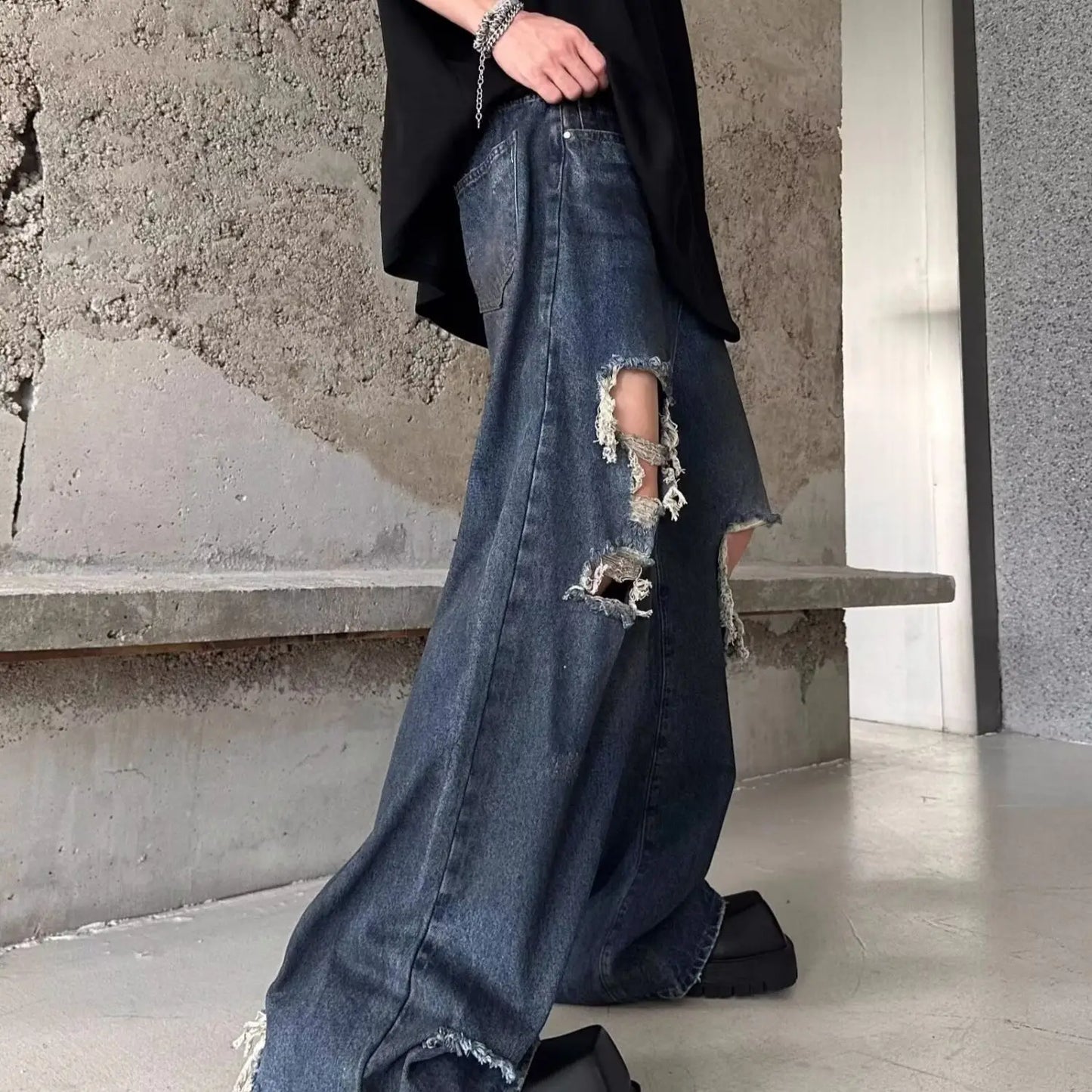 sanyamk American style high street summer distressed jeans men and women washed straight leg loose sweeping wide leg casual pants y2k