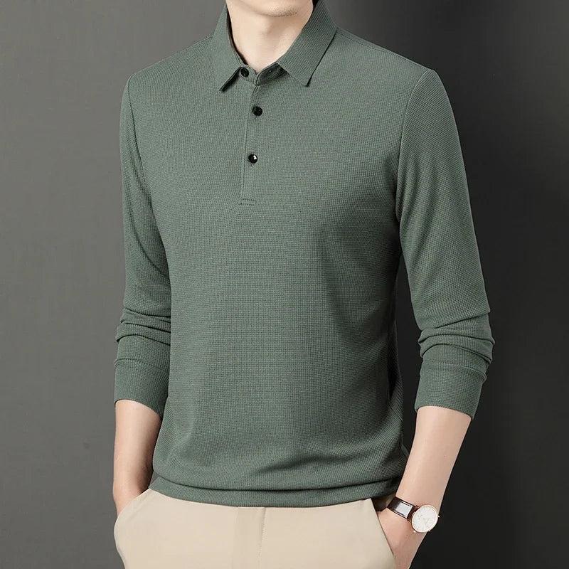 sanyamk 2024 Spring Autumn Waffle Men's Long-sleeved Polo Shirt Business Casual Slim Top Classic Solid Color Male Brand Tees