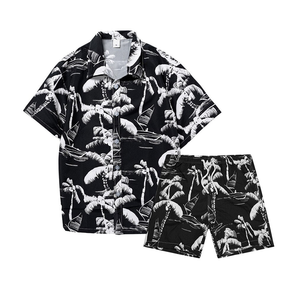 sanyamk Men's Casual Coconut Print Short Sleeve Shorts Set Vacation Hawaiian Flower Shirt Beach Two-Piece Set Summer Men's Clothing