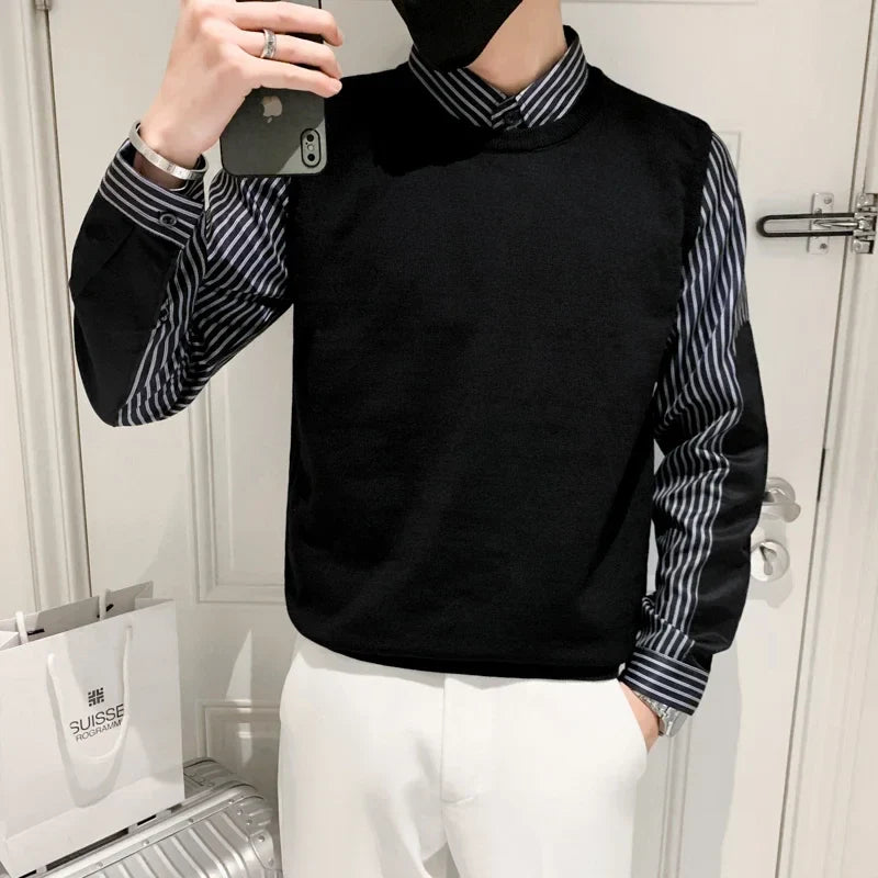 Bonsir Fake 2 Pieces Men Autumn and Winter High Quality Pullover/Male Slim Fit Fashion Striped Lapel Long Sleeve Knitted Sweaters 3XL-M