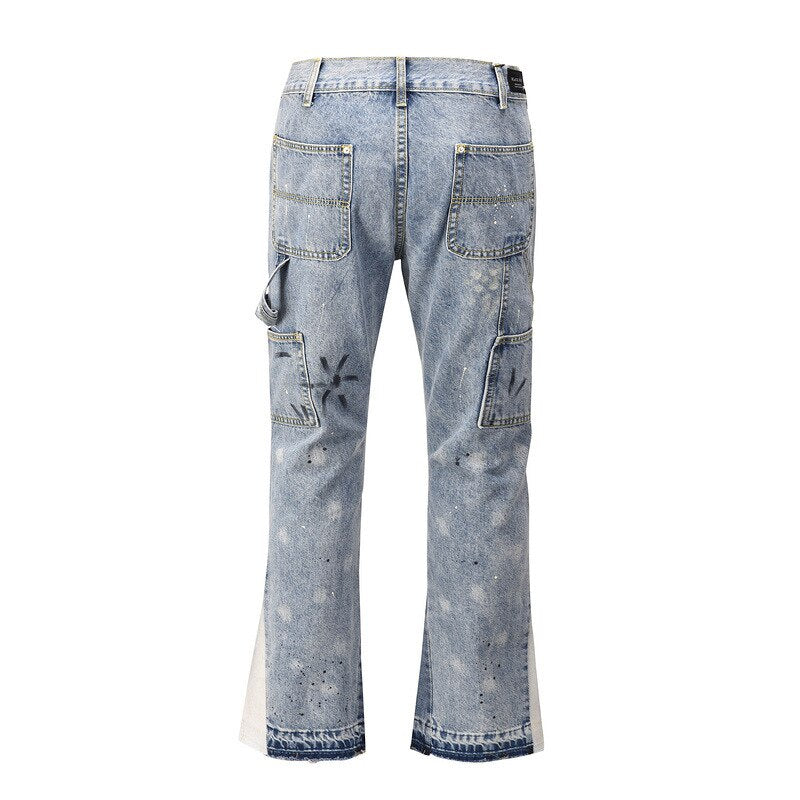 Bonsir High Street Splash Ink Patchwork Stitching Jeans Men Fashion Multiple Pockets Econstructed Flared Denim Pants Male