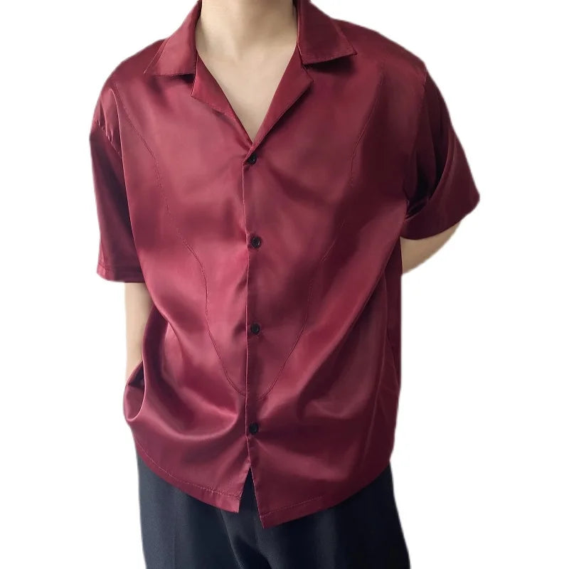 sanyamk Summer Men's Stylish Shirt Cuban collar Satin Silk Wine Red Dress Shirts Short Sleeve Tops Wedding Prom Party Holiday Blouse Man