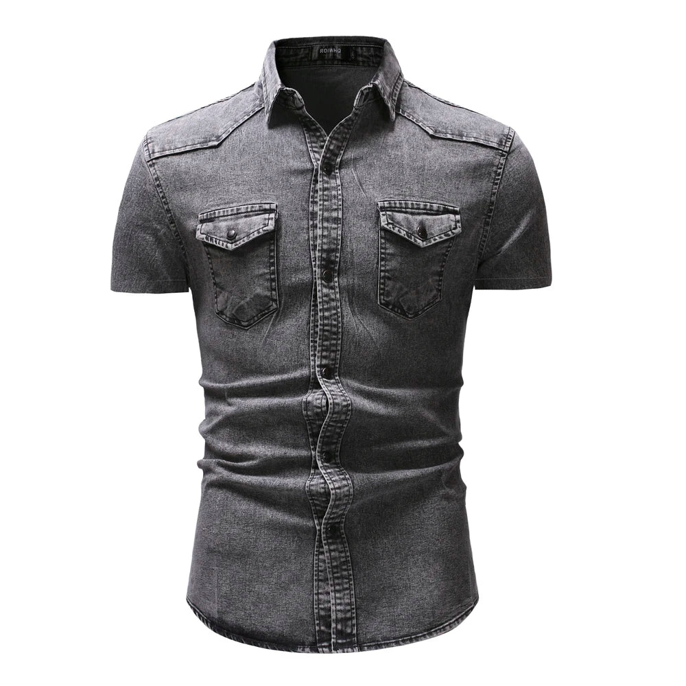 sanyamk Summer New Simple Men Denim Shirt Casual Business Mens Short Sleeve Shirts Fashion Polo Collar Male Tops