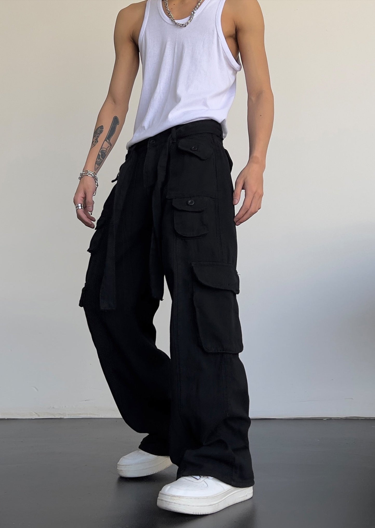 sanyamk High street retro casual large pocket overalls men's and women's new summer high waist loose straight tube draped wide leg pants