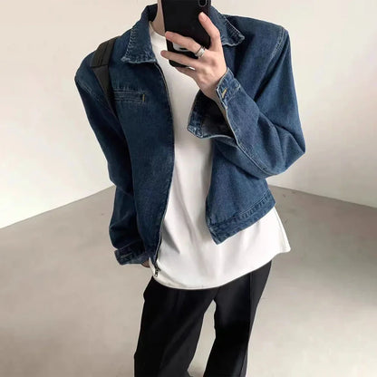 sanyamk Mens Autumn College Style Simple Y2k Niche Short Denim Jacket Fashion Youth Trend Retro Washed Shoulder Pad Cardigan Jacket Men