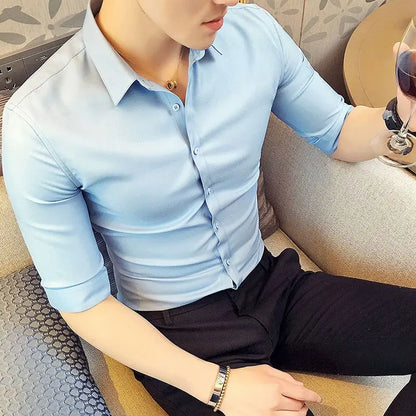 sanyamk Spring Summer Korean Fashion Polo-neck Solid Color Shirt Hombre 3/4 Sleeve All-match Bottoming Cardigans Top Men Casual Blouse