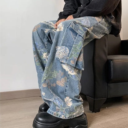 sanyamk Korean Style Denim Cargo Pants Mens Fashion Floral Printed Jeans 2024 Autumn Loose Casual Trousers Hip Hop Wide-leg Jean Pants