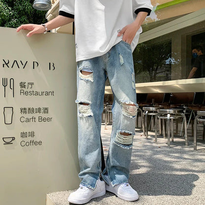 sanyamk Ripped Holes Jeans Men Summer Oversized M-5XL Denim Wide Leg Trousers Casual Retro Hip Hop Korean Fashion Zipper Decor Pants