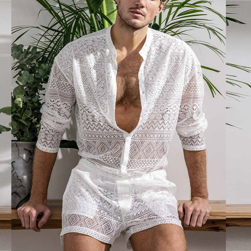 sanyamk New Arrivals Men Set Summer Sexy See Through Lace Outfits Beach Fashion Short Sleeved Tops And Shorts Mens Two Piece Suits