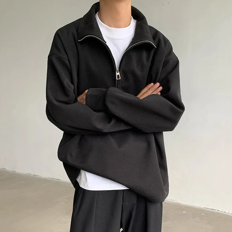 sanyamk  -  Minimalist Men's Sweatshirts Half Zipper American Style Solid Color Turtleneck Solid Color Loose Male Top New Simple 9C8073