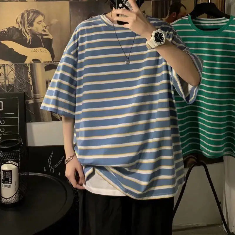 sanyamk  -  Striped Straight Pullovers Oversized Plus Size T-Shirts Loose Simplicity Handsome Short Sleeve Round Neck Casual Men's Clothing