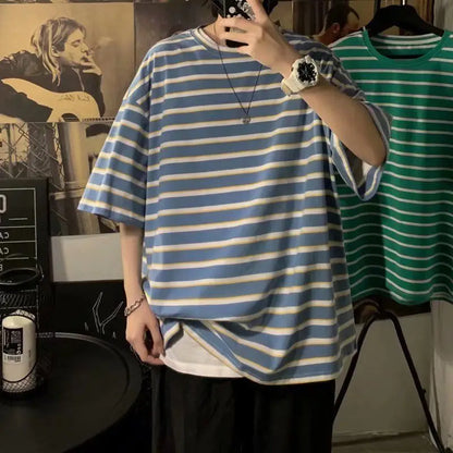 sanyamk  -  Striped Straight Pullovers Oversized Plus Size T-Shirts Loose Simplicity Handsome Short Sleeve Round Neck Casual Men's Clothing