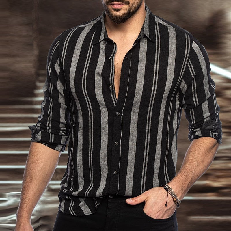 sanyamk Autumn Casual Men Clothes Vintage Striped Print Shirts Long Sleeve Turn-down Collar Button-down Tops Mens Spring Fashion Shirt