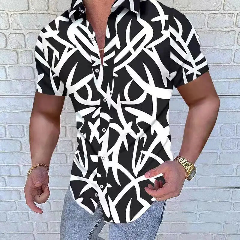 sanyamk Summer New Fashion Street Style Fashion Printing Casual Shirt Men Short Sleeve Polo-neck Cardigan Tops Homme Loose Casual Blouse