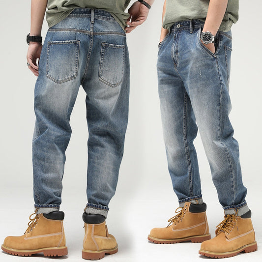 Bonsir Blue Cargo Jeans Men Streetwear Denim Jogger Pants Straight Baggy Vintage Motor Trousers American Old Plus Size Men's Clothing