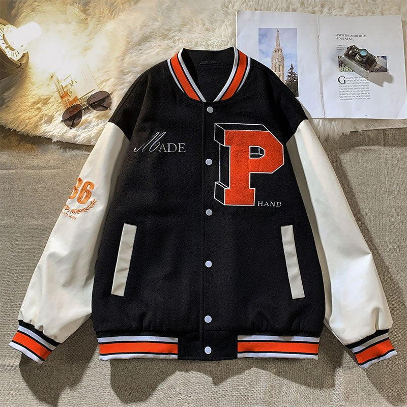 sanyamk Letter single-breasted jacket hip-hop retro fashion stitching embroidery loose casualbaseball uniform couple sale top