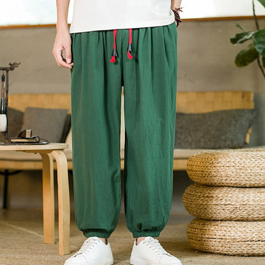 Bonsir Men Loose Harem Pants Summer Casual Solid Cotton Linen Pant Mens Fashion Drawstring Tie-up Waisted Trousers Mens Fall Long Pants