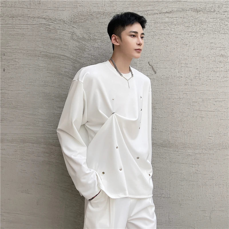 sanyamk Spring Personalized Metal Button T-Shirt Sweater Men's Korean Version Fashionable Long Sleeve T-Shirt Loose Casual Coat