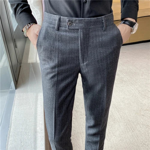 sanyamk Men's Spring Autumn New Fashion Business Casual stripe Suit Trousers Male Solid Color Straight Pants Men Loose Cotton Pants