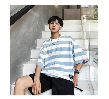 Bonsir New stripe Mens T Shirt Cotton  Summer  Male Oversized Tee Shirts 5XL Big Size Japanese Harajuku street Fashion Clothing