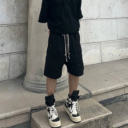 Bonsir Multi-pockets Drawstring Black Cargo Pants for Men Streetwear Baggy Casual Knee Lenght Pants Oversized Loose Cargo