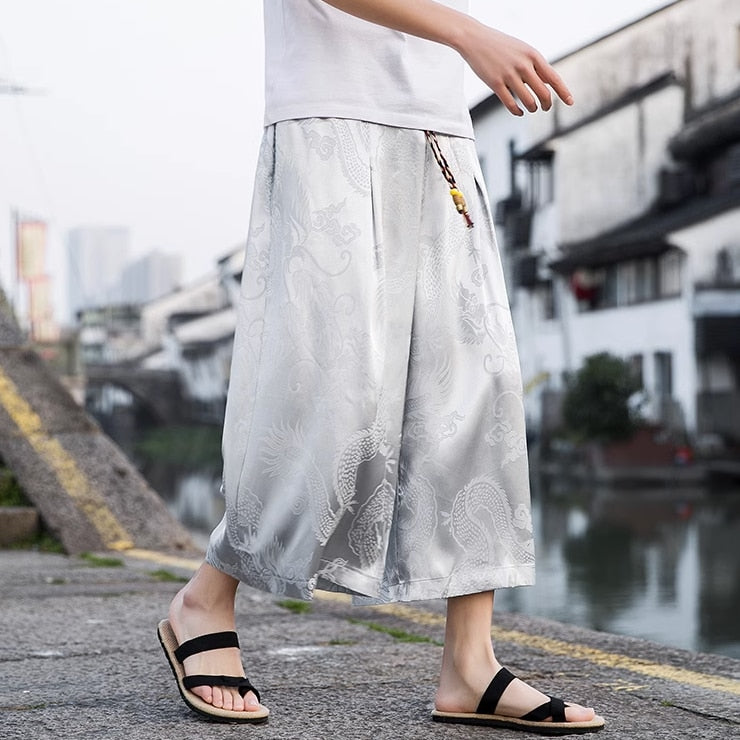 Bonsir Summer Thin Ice Silk Pants with Dragon Print Pants Hiphop Cool sweatpants women new high quality baggy streetwear