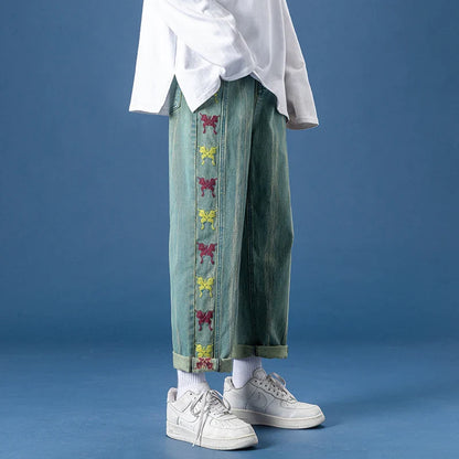 sanyamk Men Korean Fashions Retro Blue Jeans Butterfly Embroidery Spring Harem Pants Mens Streetwear Denim Baggy Wide Leg Pants