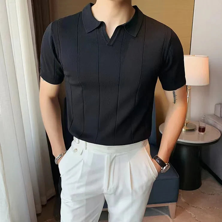 sanyamk  -  New Fashion Knitted Polo Shirt For Men Patchwork V-neck Short Sleeve Tops Japan Style Smart Casual Polos Tshirts Summer