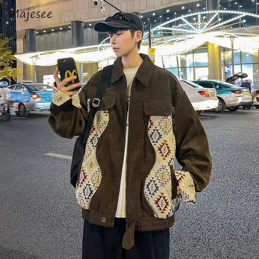 sanyamk Patchwork Jackets Men Trendy Popular Daily Spring Autumn Spliced Geometric Pattern Folk-style Handsome Teenagers Outerwear Chic