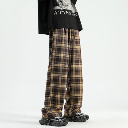 Bonsir Autumn Winter Men's Plaid Pants Contrast Color Wide Leg Casual Long Trousers Vintage Style Stylish Streetwear Checkered Pants