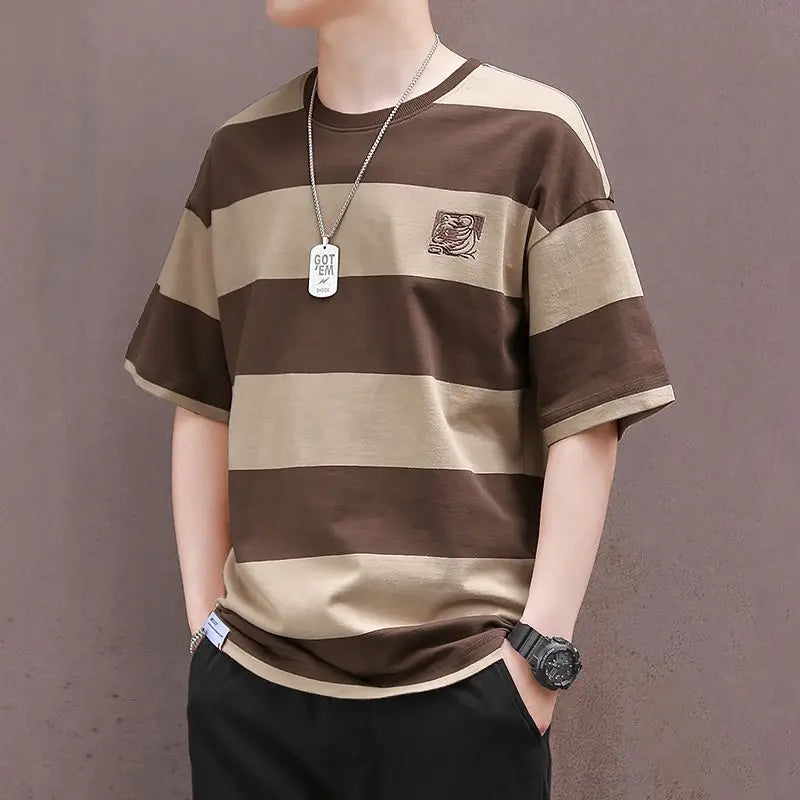 sanyamk Summer New Men's Pullovers Crew Neck Contrast Color Casual Fashion Loose All-match Young Style Short Sleeve Striped T-shirt Tops