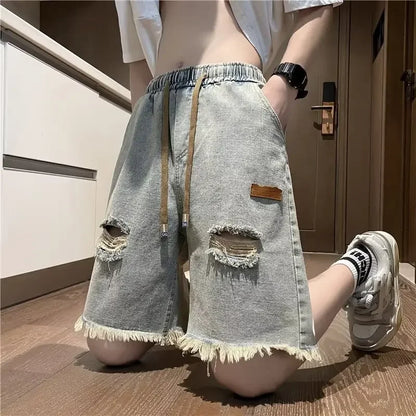 sanyamk Harajuku Trendy Youth Fashion Ins Men's Denim Shorts Artistic Holeed Loose-fit New Style Summer Season Other Pattern