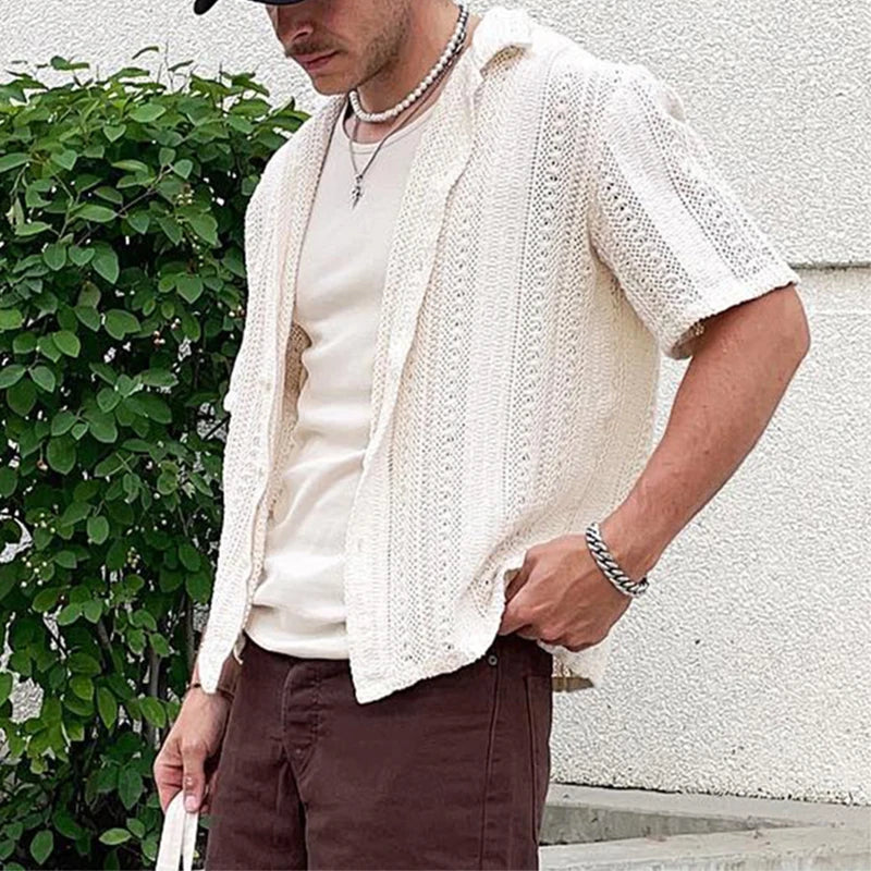 sanyamk Summer Mens Knitted Shirts Beach Casual Solid Color Short-sleeved Button Lapel Knit Cardigan Men Tops Knitting Embroidery Shirt