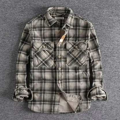 sanyamk Fashion Mens Classic Plaid Shirts Washed Corduroy Thick Autumn Spring Long Sleeve Comfortable Shirt Coat Men Clothing