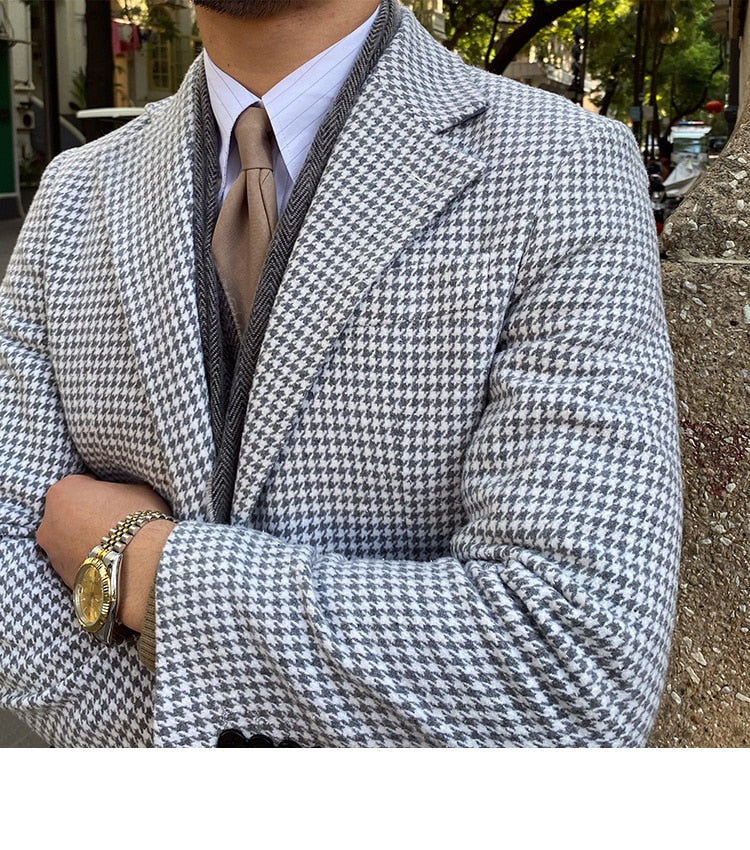 sanyamk British Retro Houndstooth Coat Men Long Warm Jacket Fall Winter Mens Woolen Coat Top Quality Abrigo Largo Hombre Mantel Wolle