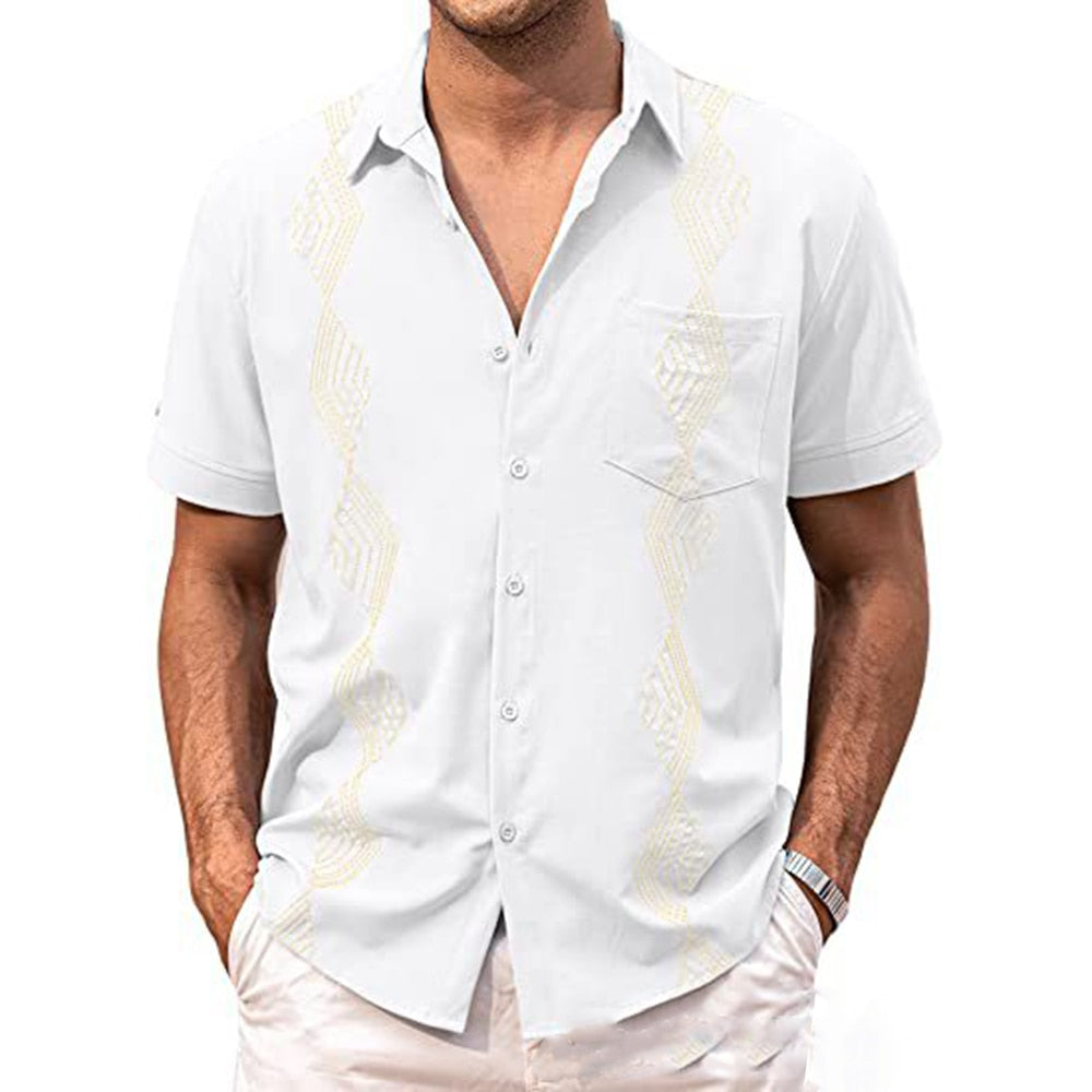 Bonsir Summer Men's Lapel Casual Short-sleeved Shirt Embroidery Retro Fashion All-match Holiday Wind Thin Tops Camisetas Men's Clothing