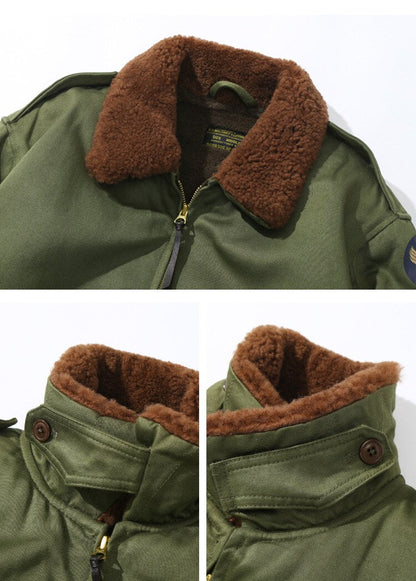 Bonsir Winter Men Vintage Bomber Jacket Army Green Warm Fur Collar Fleece Thicken Outdoor Casual Loose Zipper Pockets Male Cotton Coats