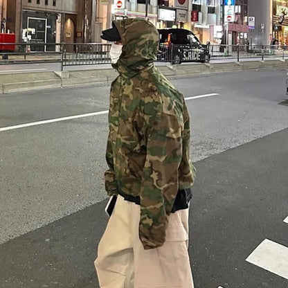 sanyamk Streetwear Color Match Camouflage Hooded Jacket for Men and Women Windbreaker Casual Loose Coat Outwear Baggy Patchwork Clothes