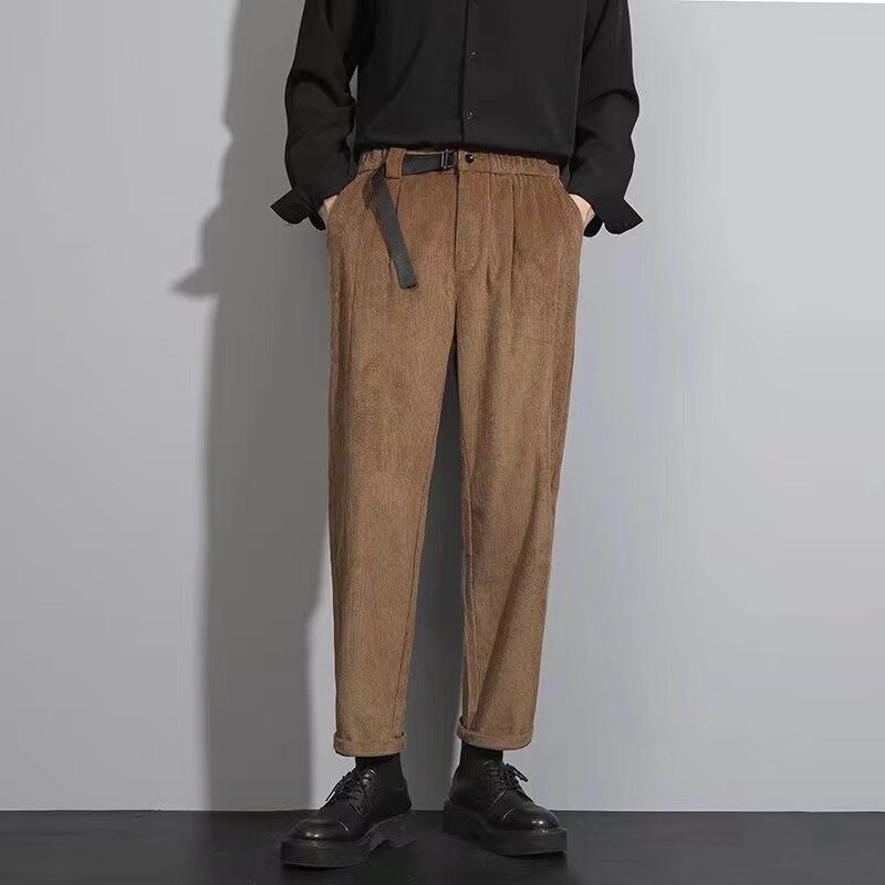 sanyamk Men's Corduroy Fabric Casual Pants Koreanfashion Trend Loose Straight Pants Belt One-piece High-quality Suit Pants 28-38