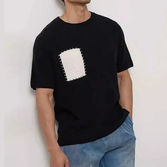 sanyamk  - 2024 Spring Summer Casual Knitwear For Men Short Sleeve Slim T-shirts Fashion Contrast Color Patchwork Knit T Shirt Streetwear