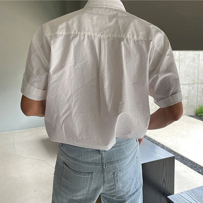 Bonsir Summer Men's Clothing Light Luxury Shirt Korean Solid Color Short Sleeve Button-down Retro Fashion Leisure Loose Pocket Shirts