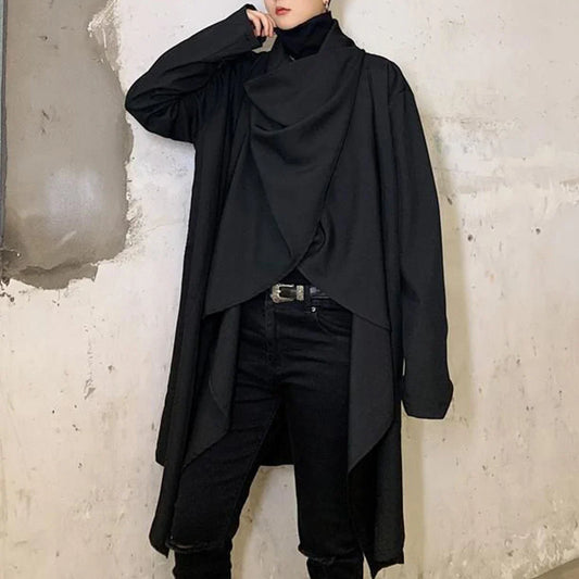 sanyamk Men Coats Long Sleeve Scarf Collar Trench Ponchos Cotton Outwear Solid Cloak Vintage Irregular Jackets Men Streetwear