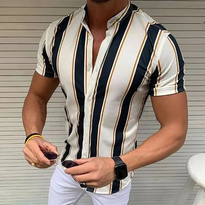 sanyamk Fashion Shirt Striped Print Summer Business Casual Short-Sleeved Tees Tops Mens Blouse Hawaiian Shirts Oversized Men's Clothing